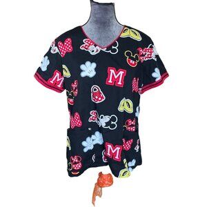 Disney Minnie Mouse Womens Scrub Top L Black Red Cartoon Print Cotton Blend V-Ne